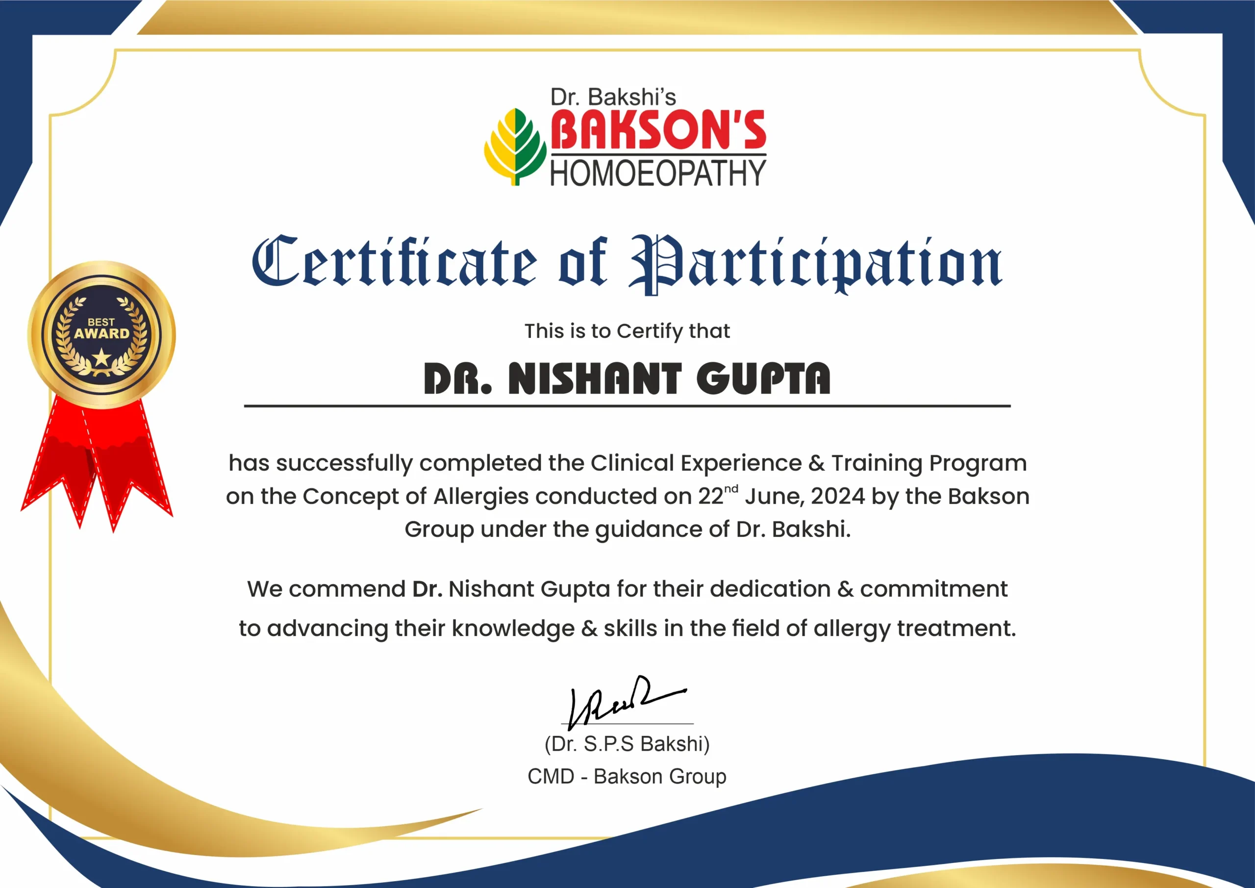 Dr Nishant Gupta certificate